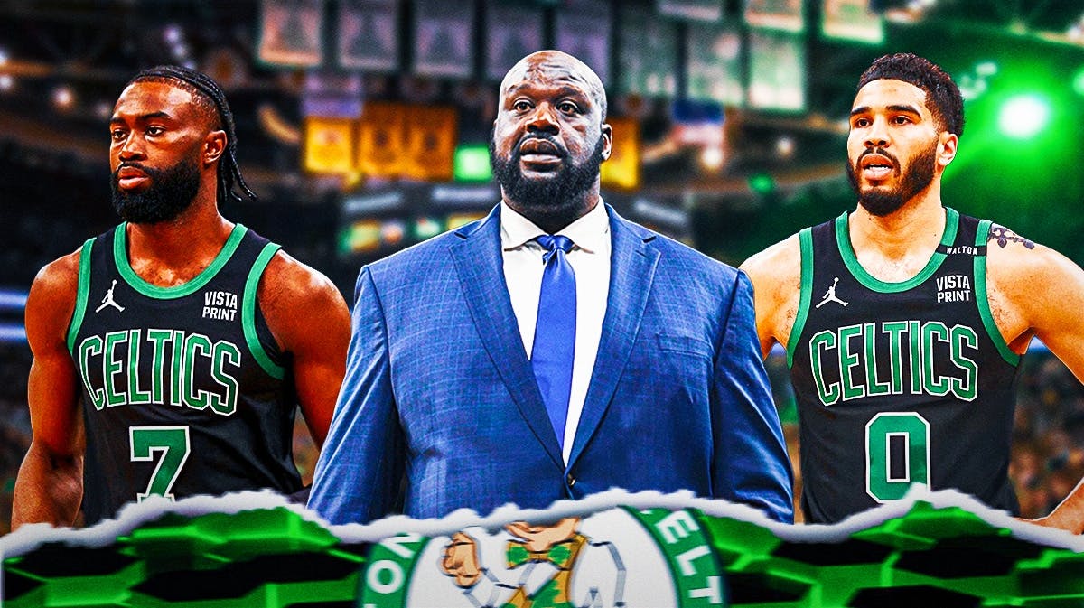 Boston Celtics stars Jayson Tatum and Jaylen Brown next to Shaquille O'Neal in front of TD Garden.