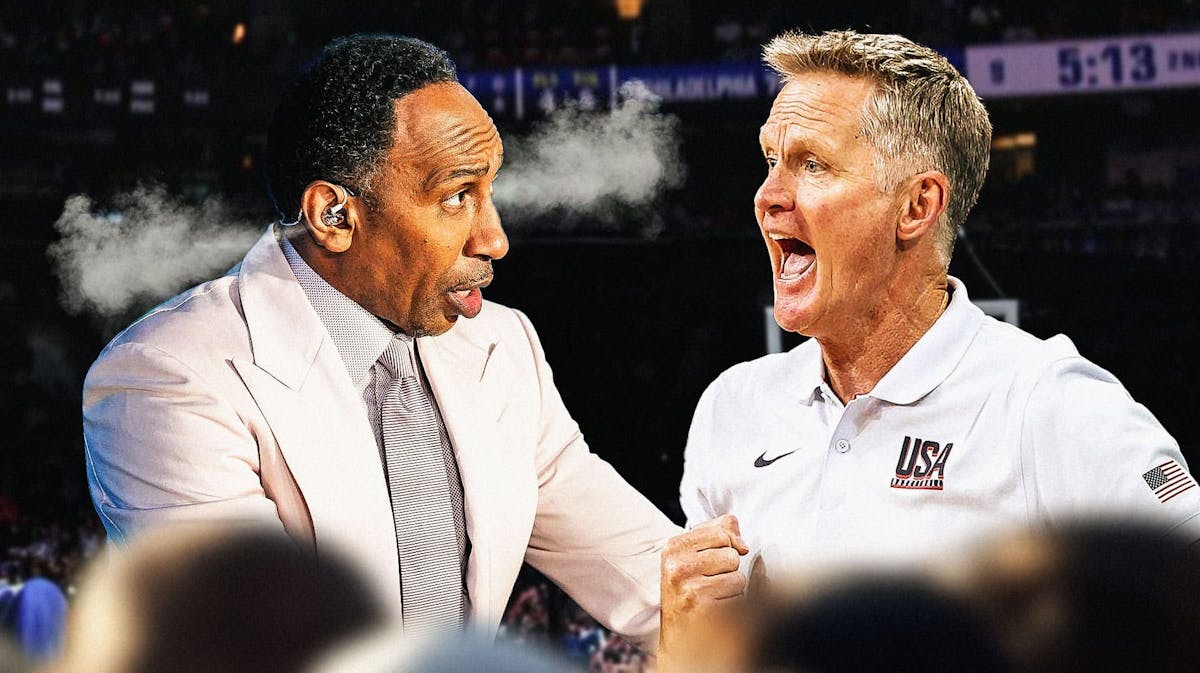 Stephen A. Smith with smoke coming out of his ears while yelling at Steve Kerr
