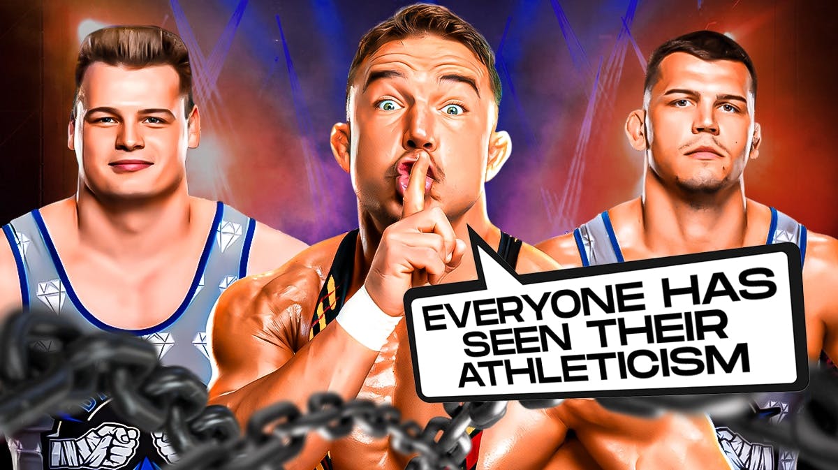 Chad Gable with a text bubble reading "Everyone has seen their athleticism" with Brutus Creed on his left and Julius Creed on his right inside of a WWE ring.