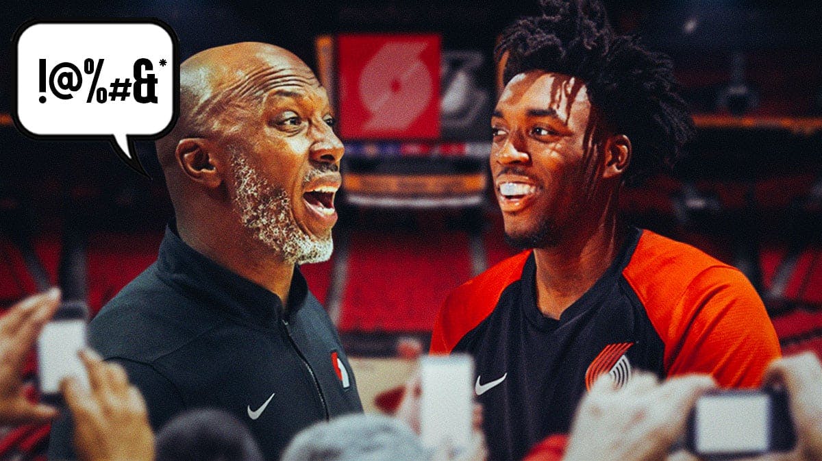 Blazers' Chauncey Billups looking angry, with speech bubble containing grawlix, while looking at 2022 Portland version of Nassir Little smiling, with question marks all over