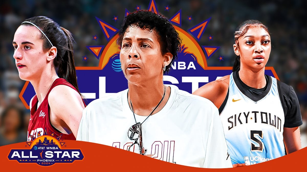 A current image of Cheryl Miller with Angel Reese on one side of her and Caitlin Clark on the other side. Have the 2024 WNBA All-Star logo in the background