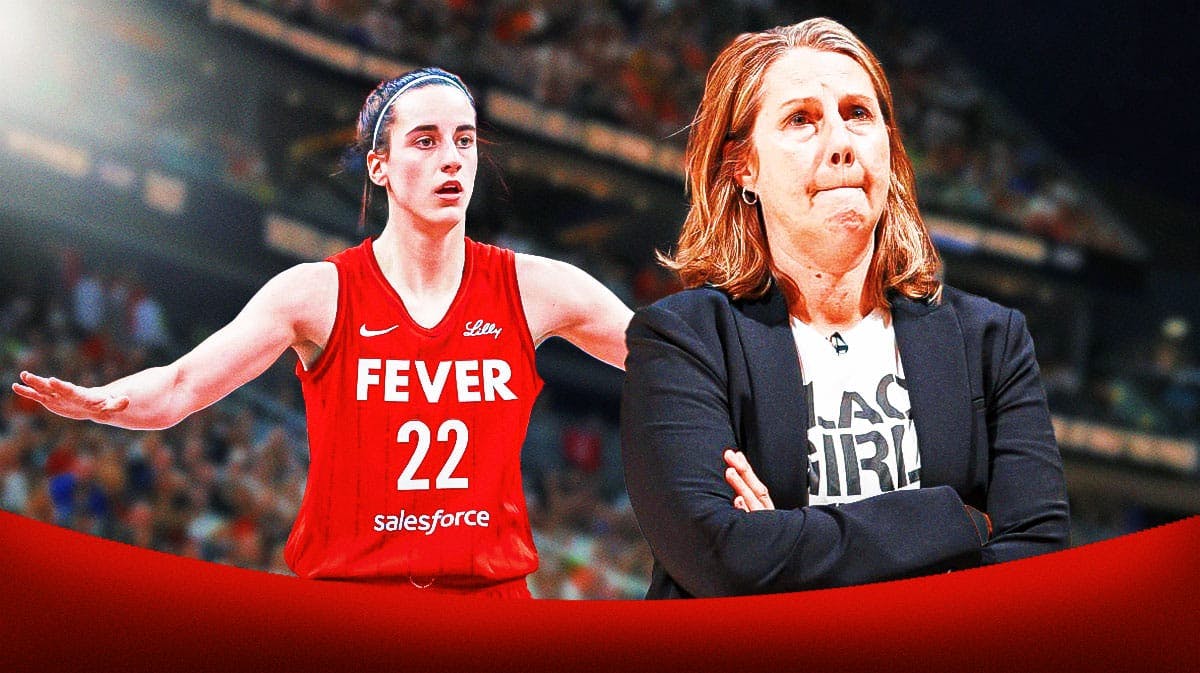 Minnesota Lynx coach Cheryl Reeve, with a disappointed or neutral expression, and Indiana Fever player Caitlin Clark in the background.