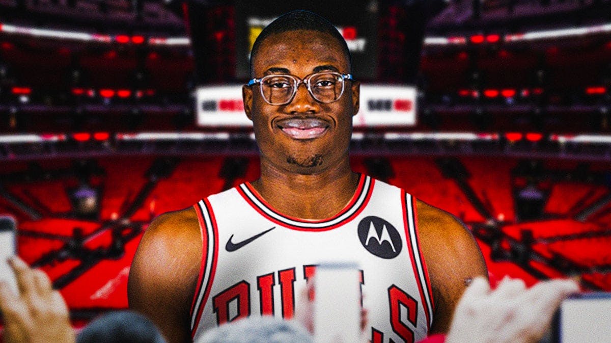 Jalen Smith in a Chicago Bulls uniform with a bunch of shocked emojis in the background