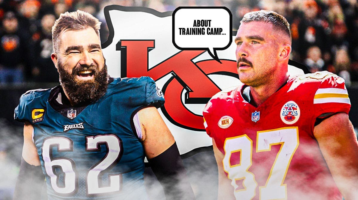 Kansas City Chiefs tight end Travis Kelce with brother Jason Kelce. Travis has a speech bubble that says “About training camp…” There is also a logo for the Kansas City Chiefs.