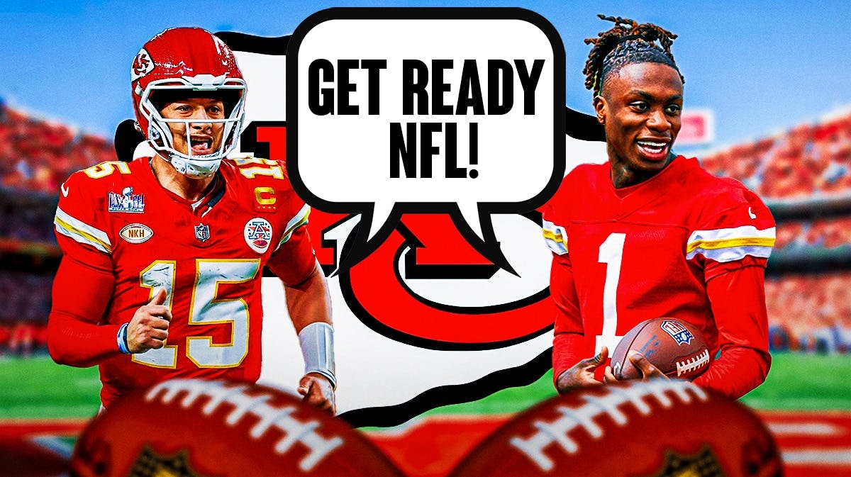 Kansas City Chiefs wide receiver Xavier Worthy with QB Patrick Mahomes. They have a joint speech bubble that says “Get ready NFL!” There is also a logo for the Kansas City Chiefs.