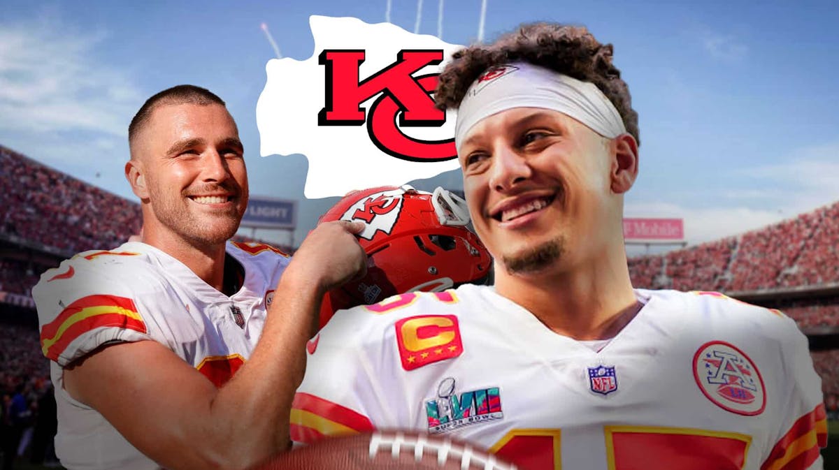 Chiefs' Patrick Mahomes smiles next to Travis Kelce, Star Wars character in background