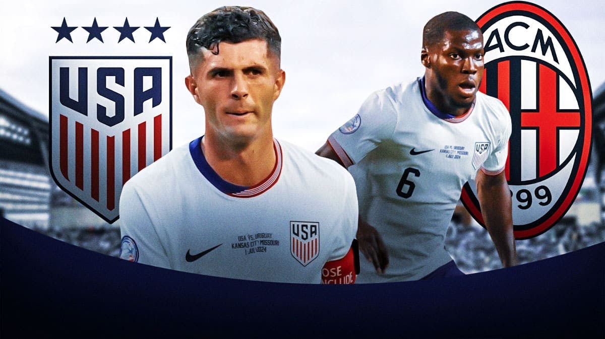 Christian Pulisic and Yunus Musah smiling in front of the USMNT and AC Milan logos