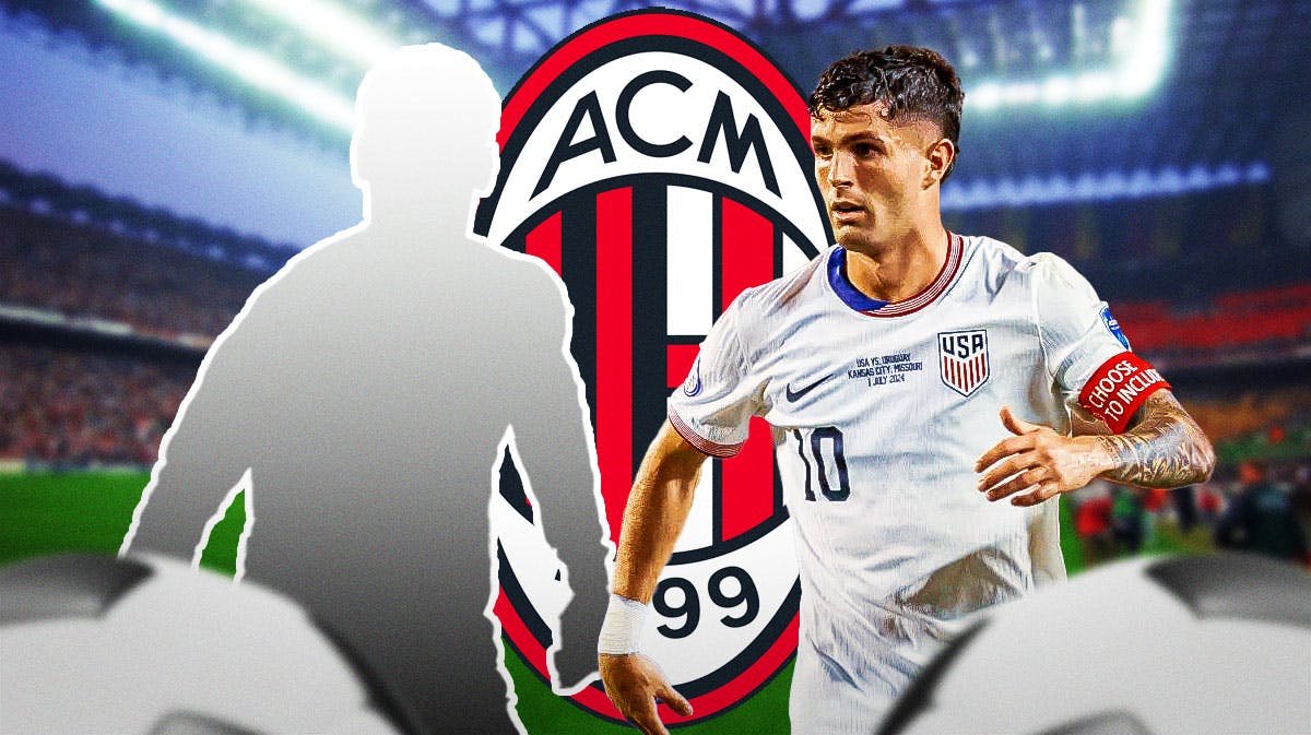 The silhouette of Alvaro Morata next to Christian Pulisic in front of the AC Milan logo