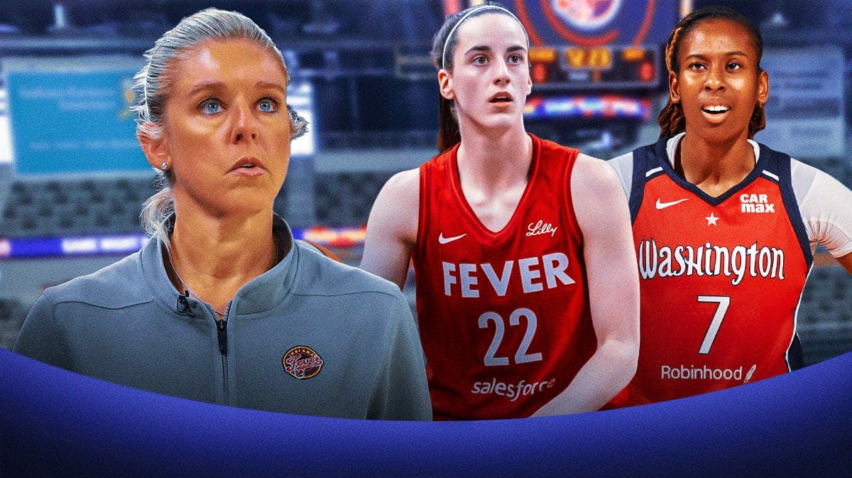 Fever coach Christie Sides looking at Caitlin Clark and Mystics player.