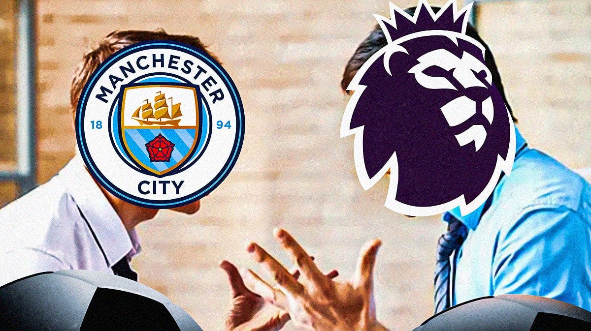 Two person arguing, one of them have the Manchester City logo over his head, the other have the Premier League logo over his head