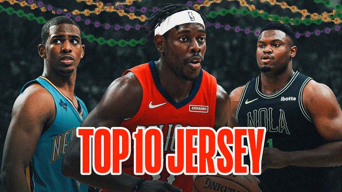 Chris Paul in a TEAL Hornets jersey. Jrue Holiday in a RED Pelicans jersey. Zion Williamson in the BLACK VooDoo jersey. A couple of Mardi Gras beads strands and a "Top 10 Jerseys" stamp.
