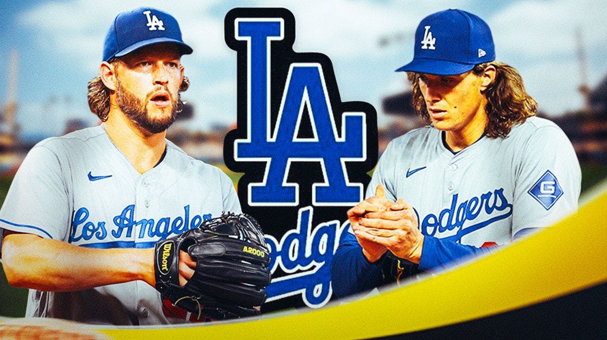 Clayton Kershaw and Tyler Glasnow in front of Dodgers Stadium and Dodgers logo. MLB trade deadline, dodgers injured list, dodgers.