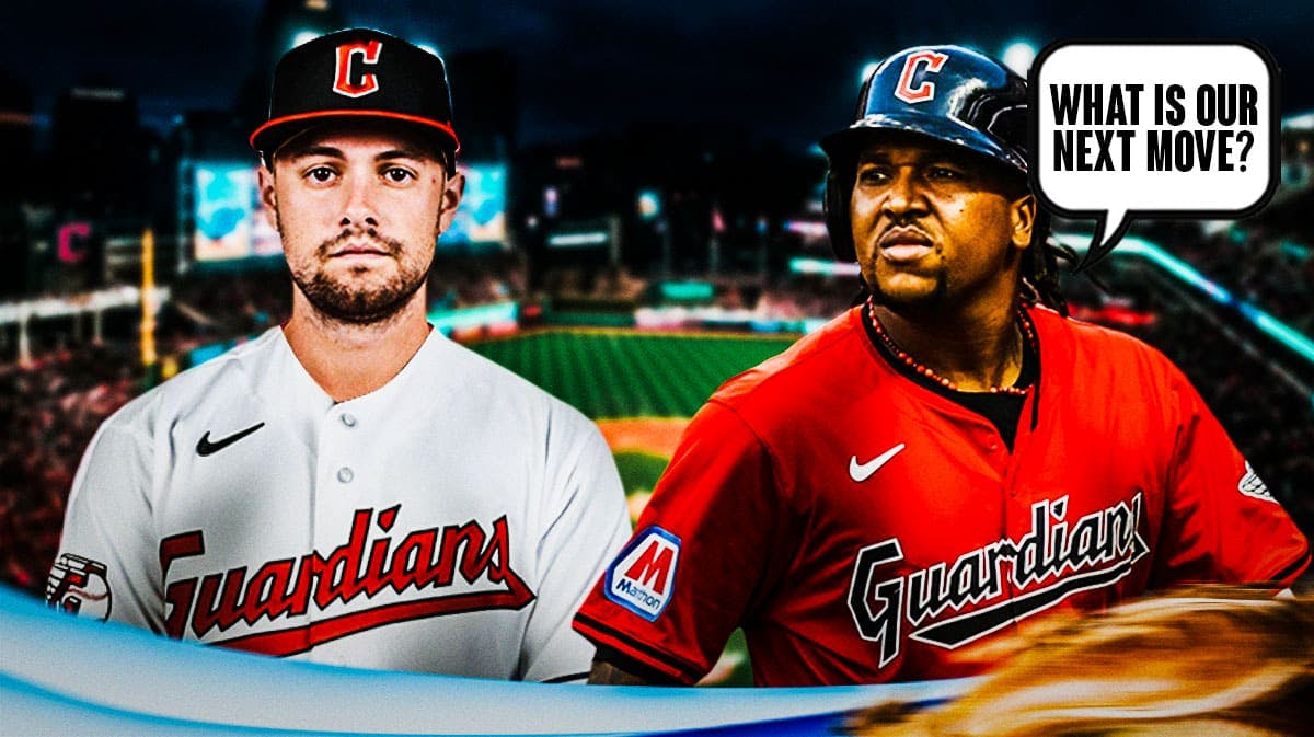 Lane Thomas in a Guardians jersey. Have Guardians Jose Ramirez asking the following question: What is our next move?