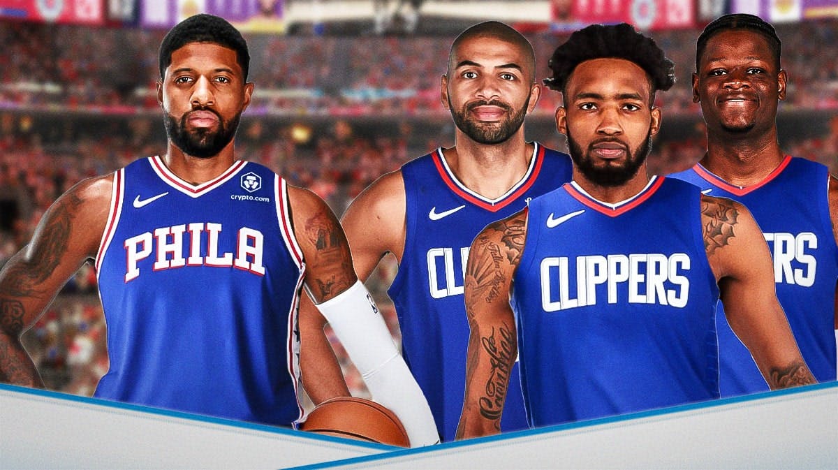 Paul George in a 76ers uniform on the left, with Derrick Jones Jr., Nicolas Batum, and Mo Bamba in Clippers uniforms on the right