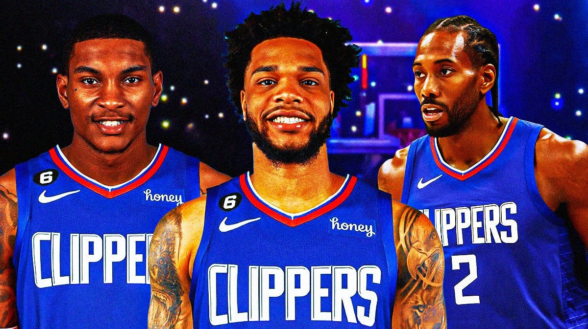 Miles Bridges in a Clippers uniform, with Kevin Porter Jr., and Kawhi Leonard looking on