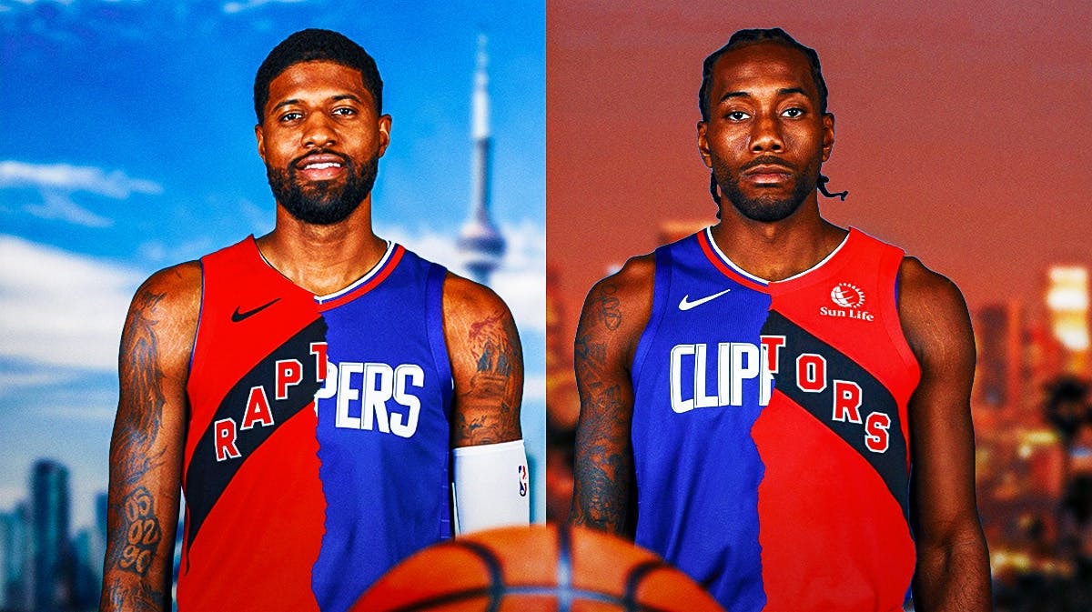Paul george and kawhi both in half clippers jerseys half raptors jersey. Toronto skyline on one half of image background, LA on the other.