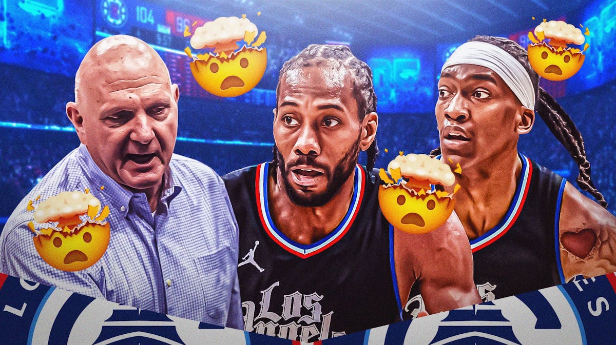 Photo: Steve Ballmer, Kawhi Leonard, Terance Mann in Clippers jerseys, have the Intuit Dome in background and brain exploding emojis all around