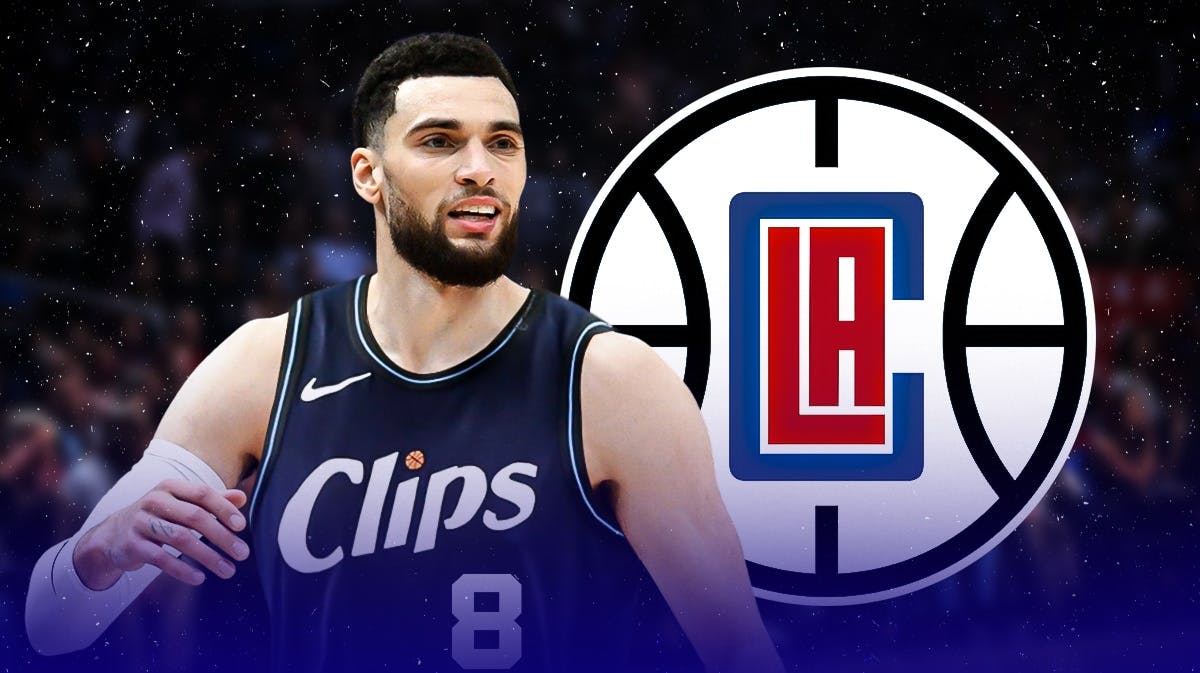 Bulls Zach LaVine wearing a Clippers jersey next to a Clippers logo