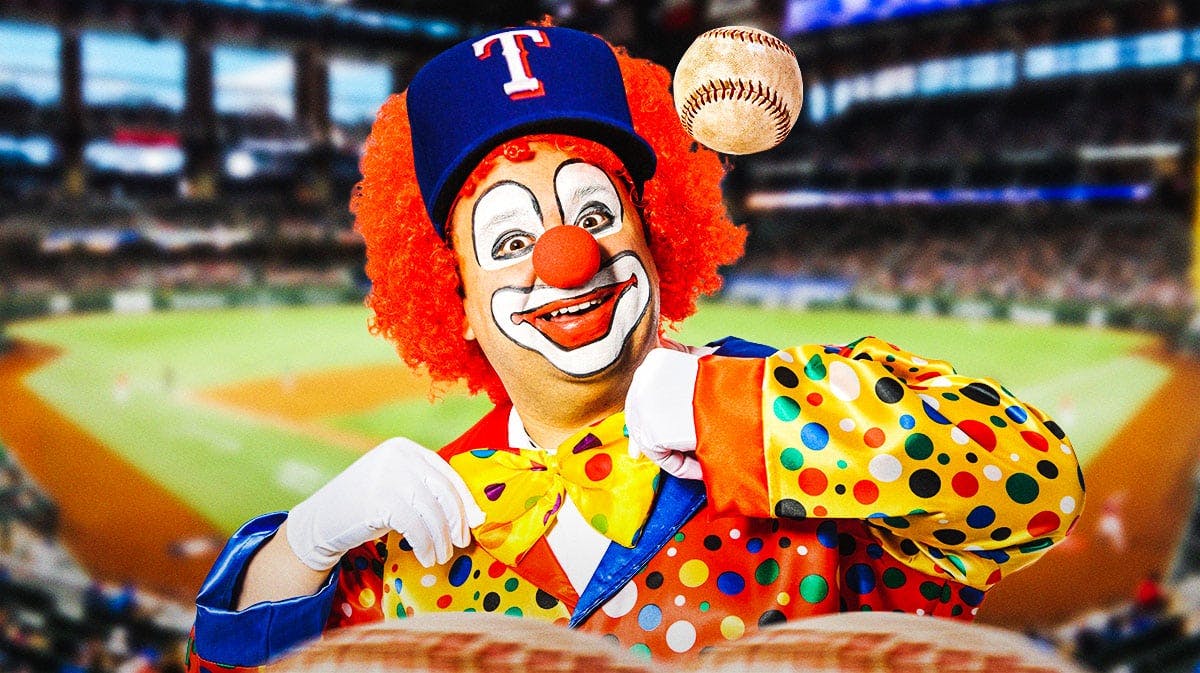 Clown with a Texas Rangers hat on, Globe Life Field in background