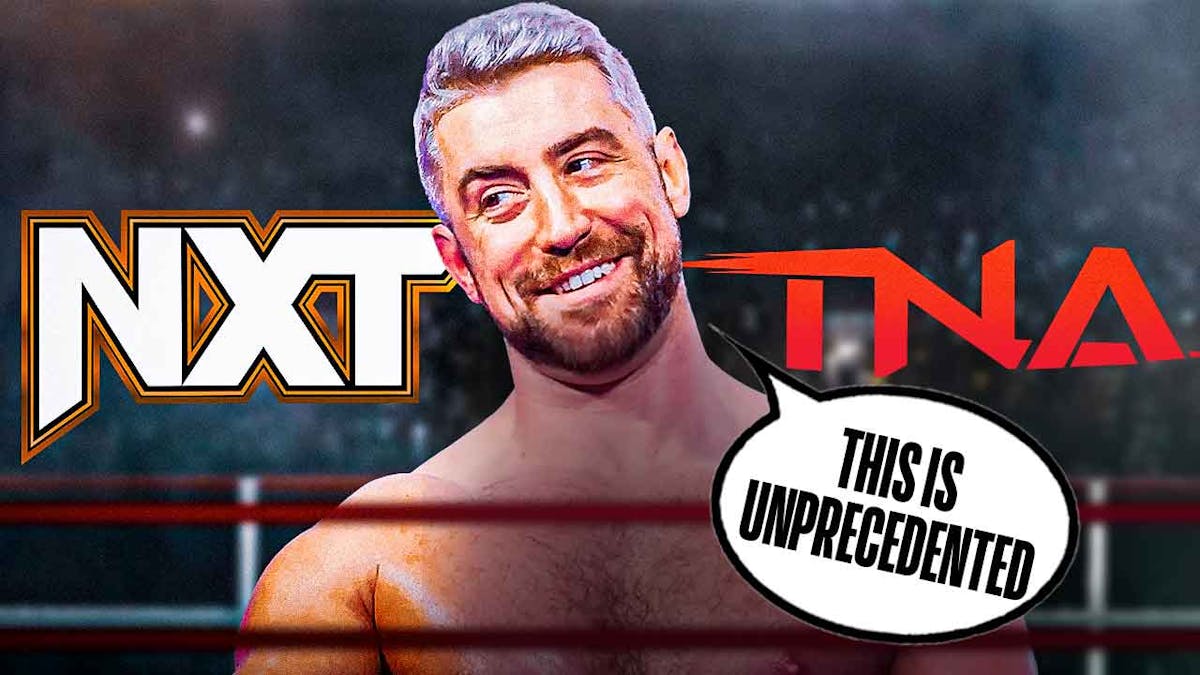 Joe Hendry with a text bubble reading "This is unprecedented" with the TNA logo on the left and the NXT logon the right.