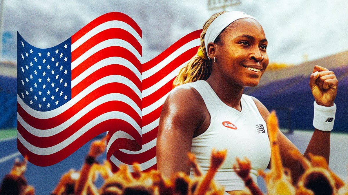 Coco Gauff in front of the American flag