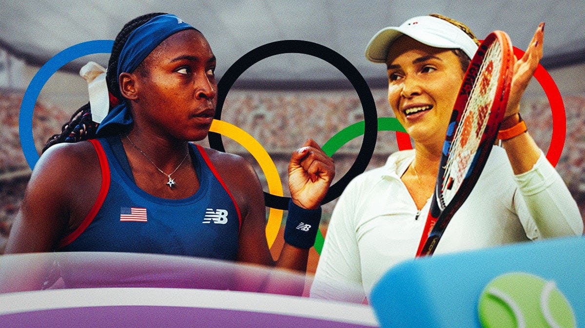 Coco Gauff in image looking stern, Donna Vekic in image looking happy, Roland Garros tennis court in background, Olympics logo