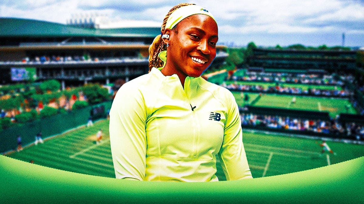 American women's tennis player Coco Gauff, with a happy expression, with the Wimbledon tennis courts in the background