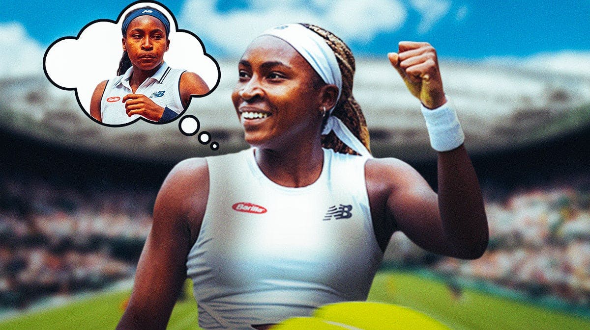 A cut out of tennis player Coco Gauff, with a happy or smiling face, and the Wimbledon tennis courts in the background. Please add a thought bubble to Coco Gauff, and inside the thought bubble should be a smaller cut-out of Coco Gauff with a sad or frustrated or neutral expression.