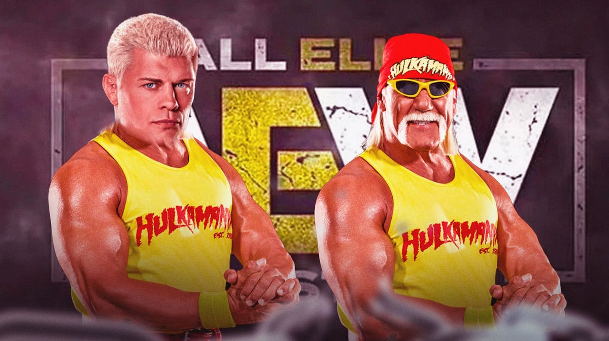 Cody Rhodes' head on Hulk Hogan's body next to Hulk Hogan with the AEW logo as the background.