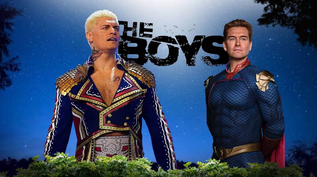 Cody Rhodes in his entrance gear next to Homelander with The Boys logo as the background image.