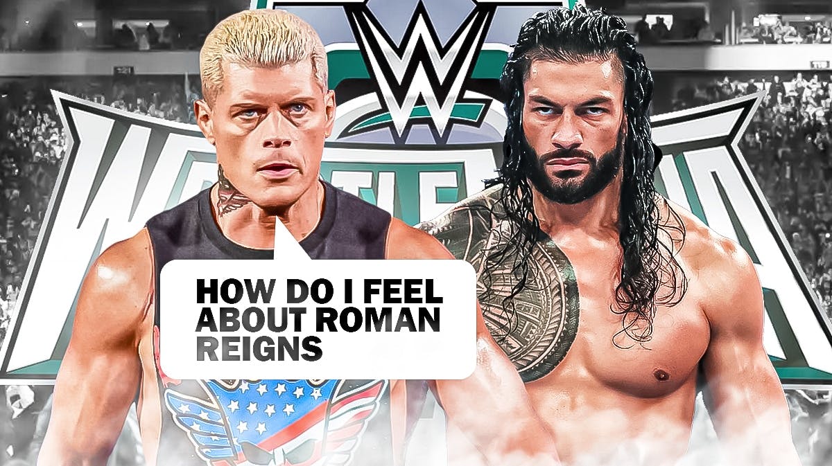 Cody Rhodes with a text bubble reading "How do I feel about Roman Reigns?" next to Roman Reigns with the WrestleMania 40 logo as the background.