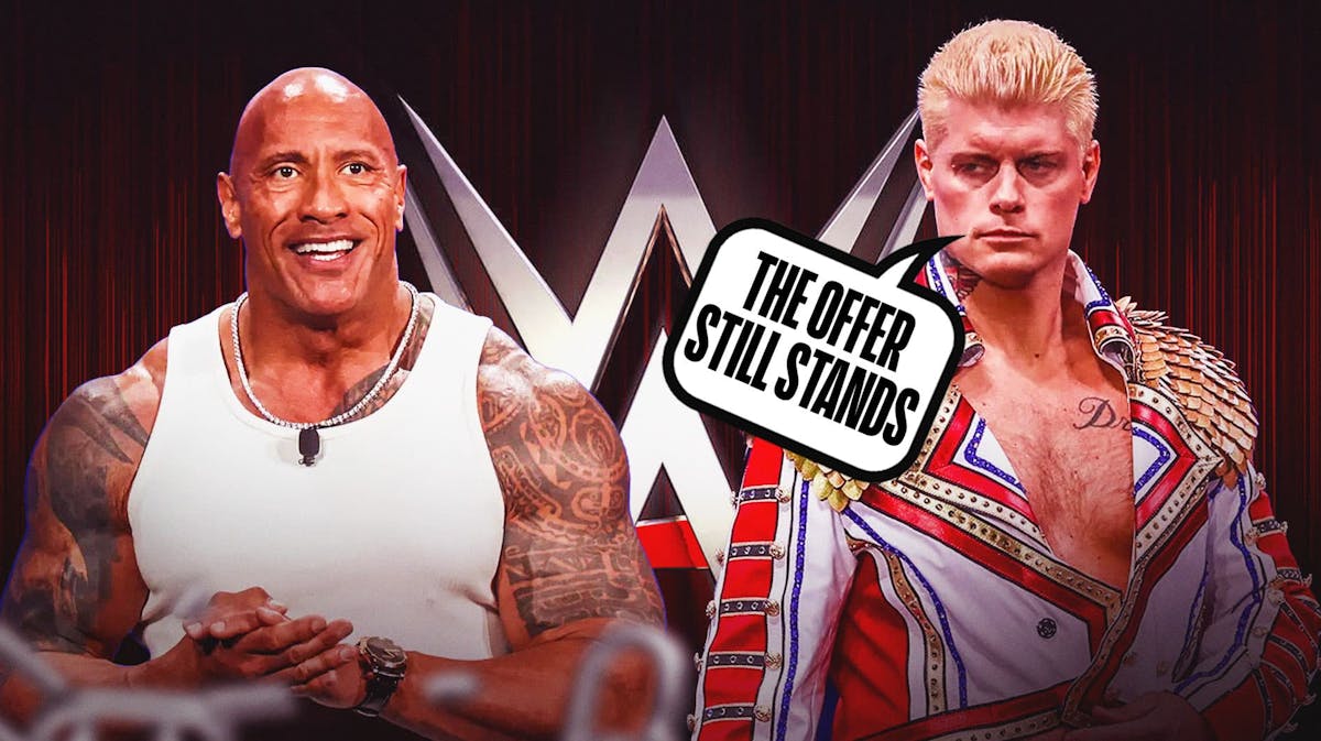 Cody Rhodes with a text bubble reading "The offer still stands" next to The Rock with the WWE logo as the background.