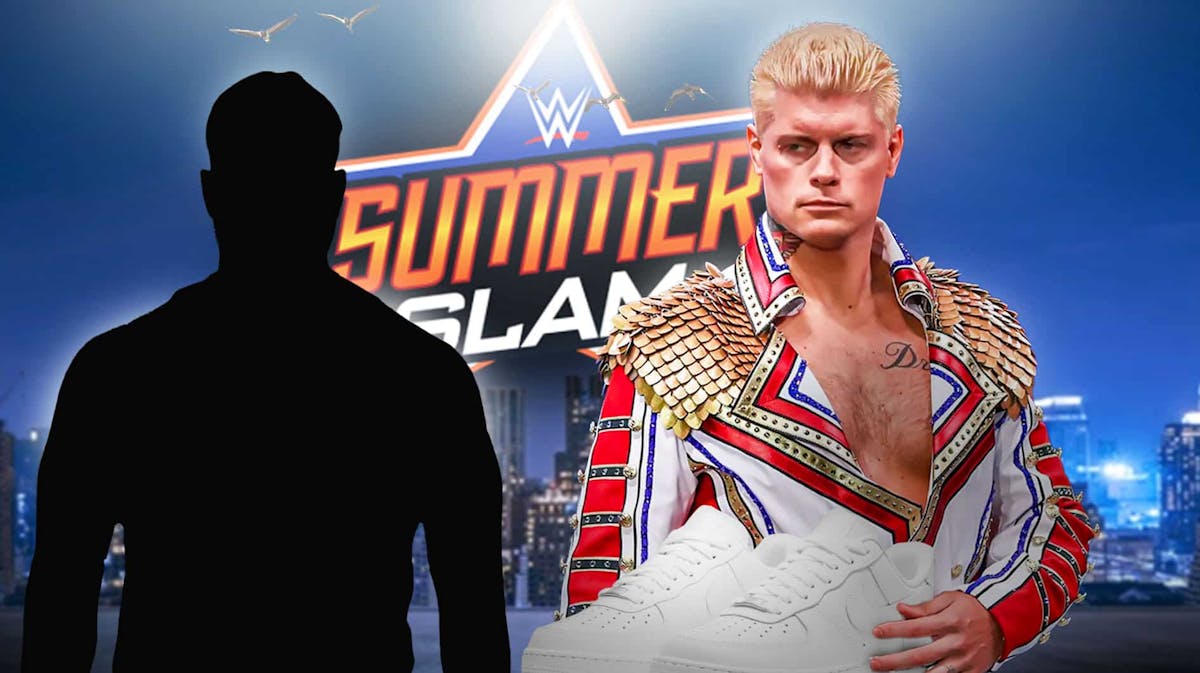 Cody Rhodes holding a pair of Nike Air Force 1s next to the blacked-out silhouette of Jey Uso with the SummerSlam logo as the background.