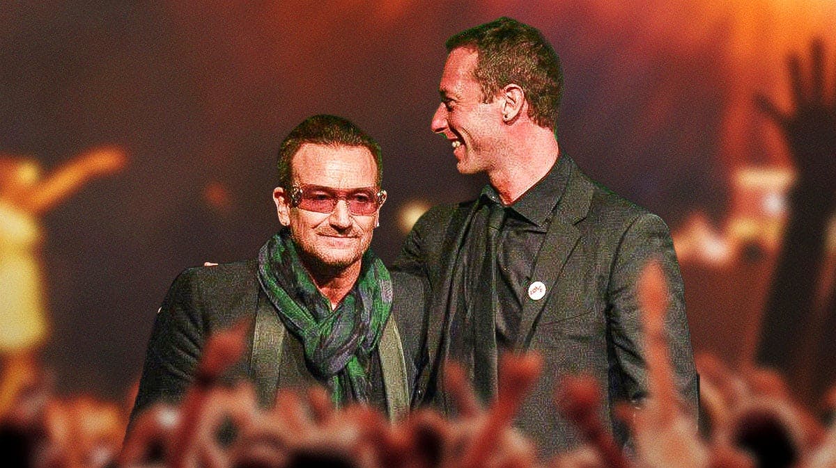 U2 singer Bono with Coldplay singer Chris Martin, who shouted out the former during a performance on the Music of the Spheres Tour.