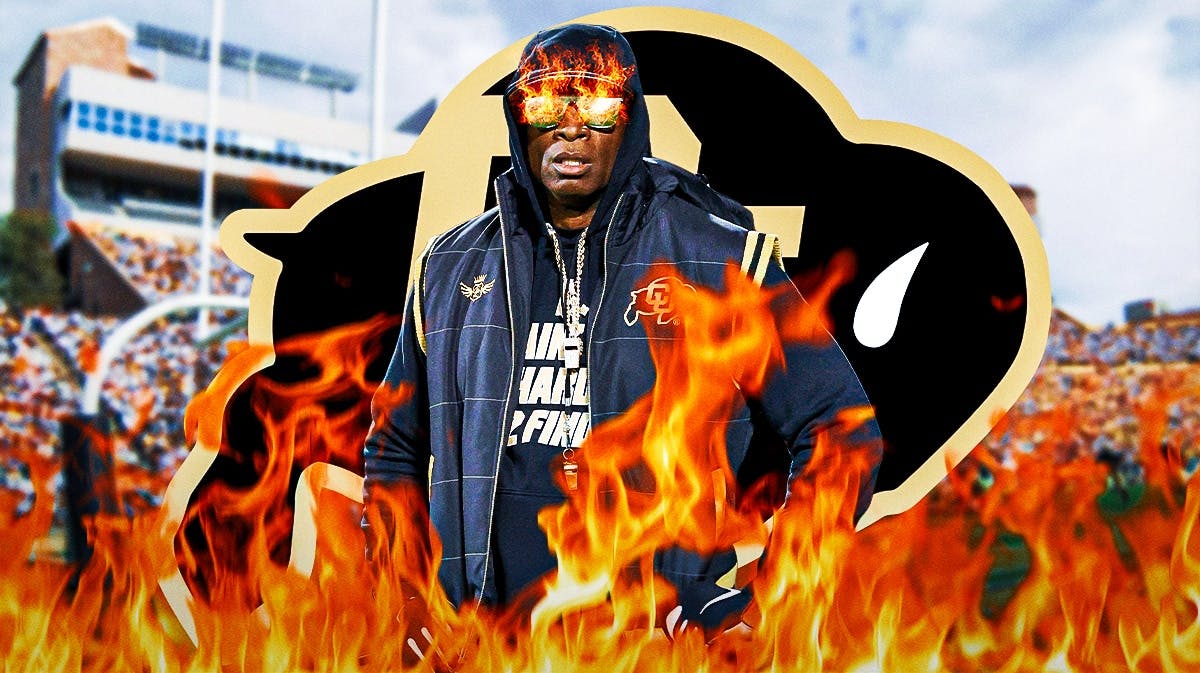 Colorado football Deion Sanders with fire in his eyes and surrounded by fire