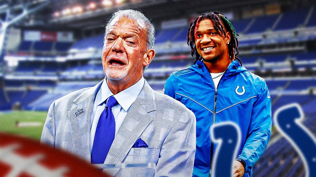 Jim Irsay encouraging Anthony Richardson with a Colts-colored background.