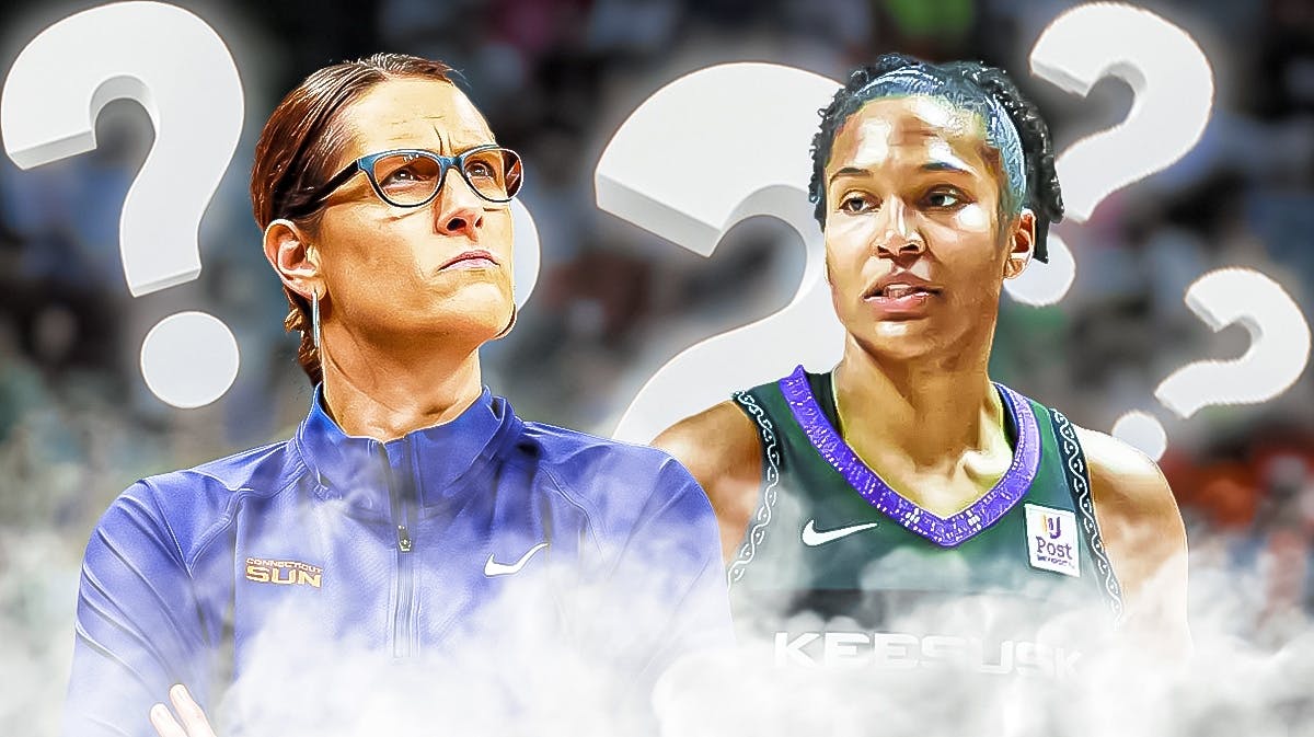 WNBA Connecticut Sun Coach Stephanie White and Connecticut Sun player Alyssa Thomas, with question marks around both of them