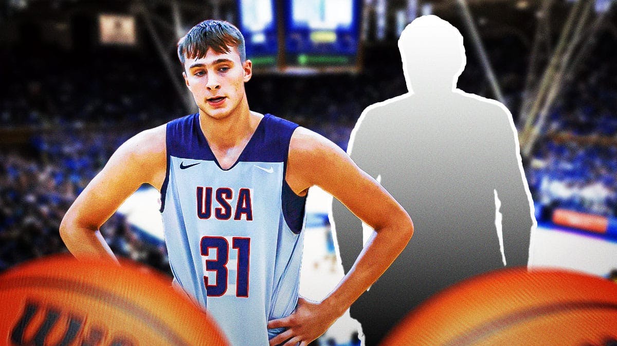 Duke basketball's Cooper Flagg next to a silhouette of a player