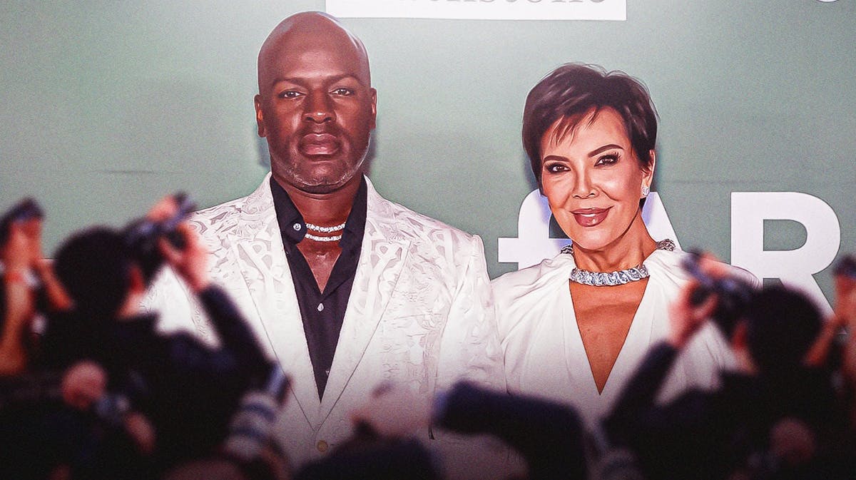 Corey Gamble and Kris Jenner with a crowd in front of them dressed in all-white