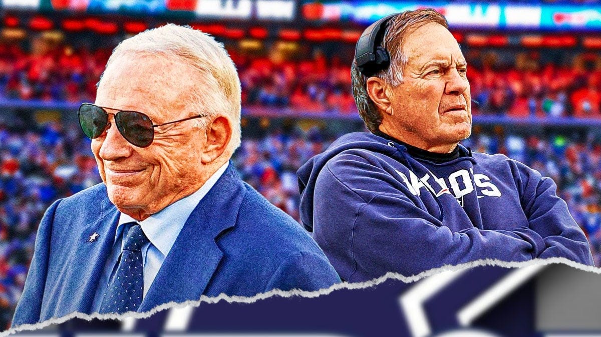 Dallas Cowboys owner Jerry Jones with former head coach Bill Belichick. They are surrounded by question mark emojis. There is also a logo for the Dallas Cowboys.