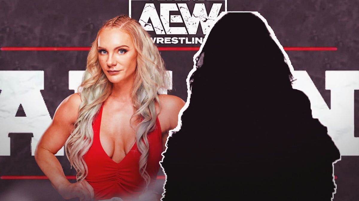 NWA wrestler Kamille next to the blacked-out silhouette of Jamie Hayter with the AEW All In logo as the background.
