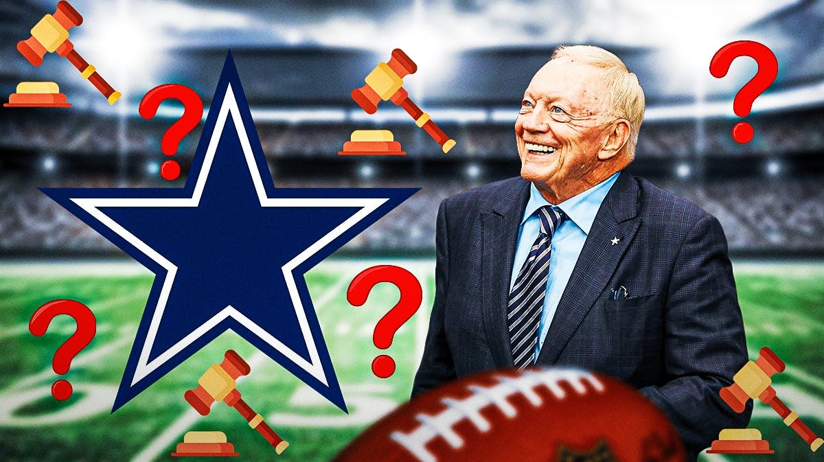 Dallas Cowboys owner Jerry Jones surrounded by gavel emojis and red question mark emojis. There is also a logo for the Dallas Cowboys.
