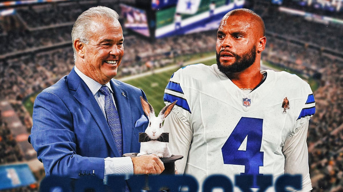 Dallas Cowboys co-owner Stephen Jones pulling a rabbit out of a hat in front of Dak Prescott