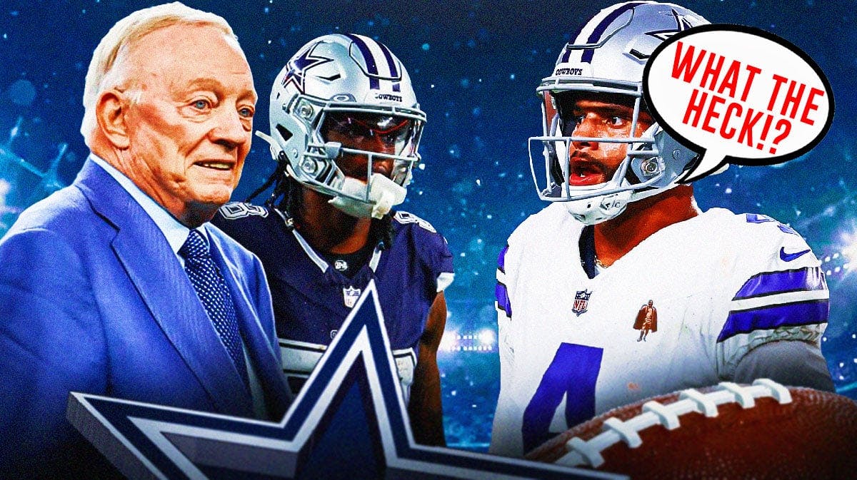 Jerry Jones and CeeDee Lamb on one side, Dak Prescott on the other side with a speech bubble that says "What the heck!?"