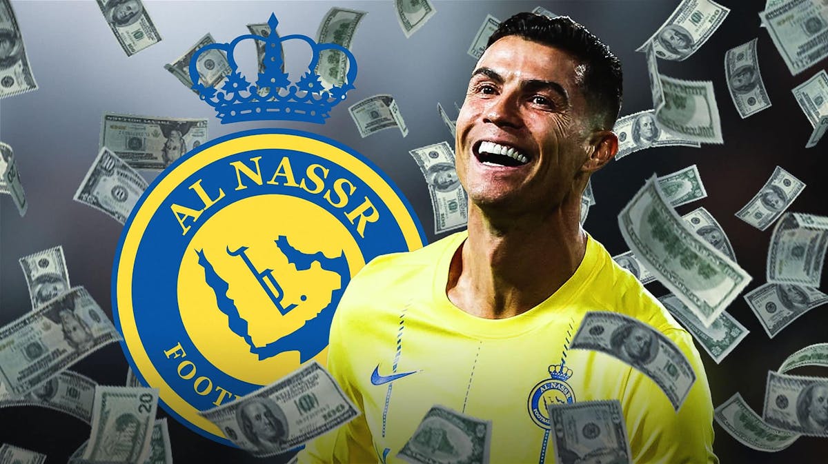 Cristiano Ronaldo in front of the Al-Nassr logo, money falling from the air around him