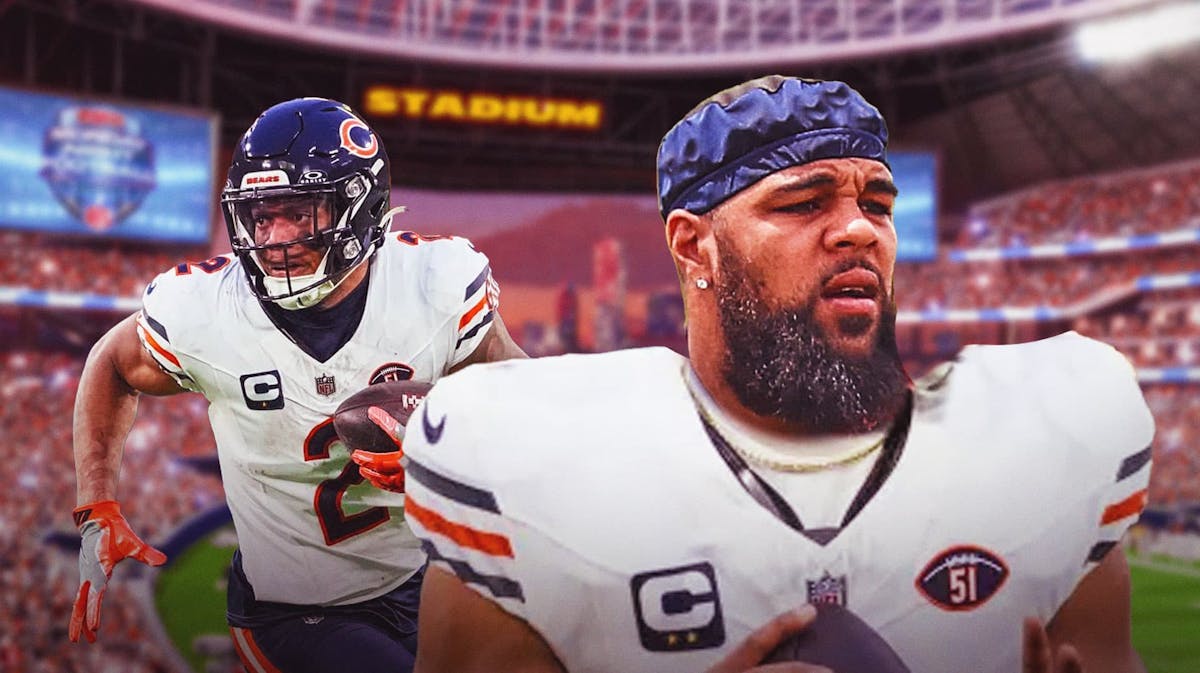 DJ Moore and Keenan Allen in Bears jerseys with stars falling all around and a Bears colored BG.