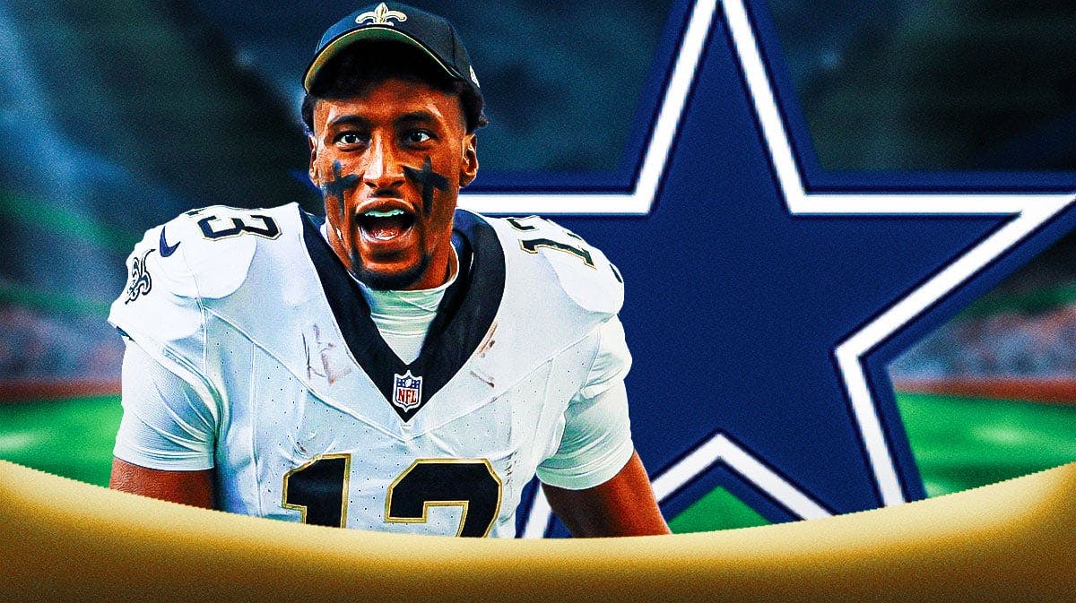 Saints' Michael Thomas stands in front of Cowboys logo during free agency