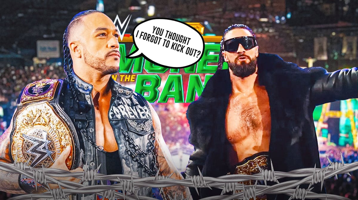 Damian Priest with a text bubble reading "You thought I forgot to kick out?" next to Seth Rollins with the Money in the Bank logo as the background.