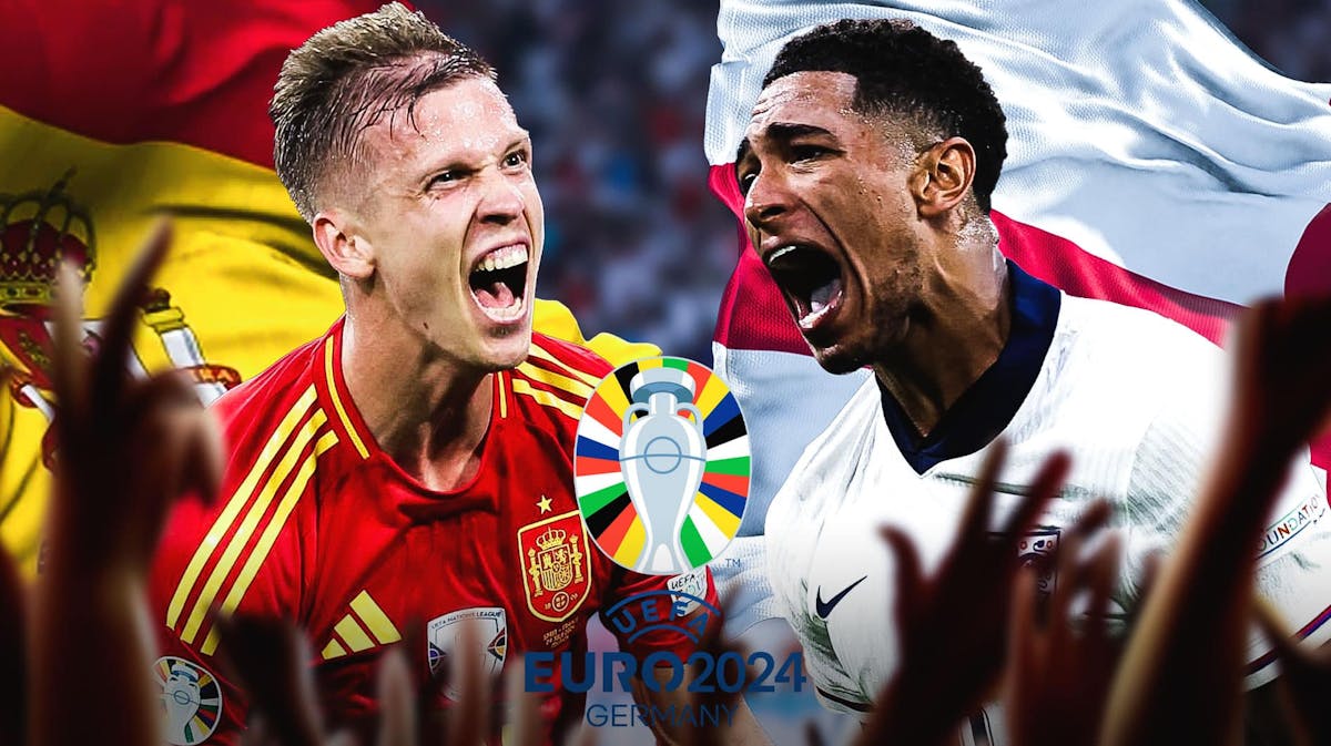 Dani Olmo and Jude bellingham looking towards each other, the Spanish flag behind Dani Olmo, the England flag behind Jude Bellingham, the EUro 2024 logo in the middle