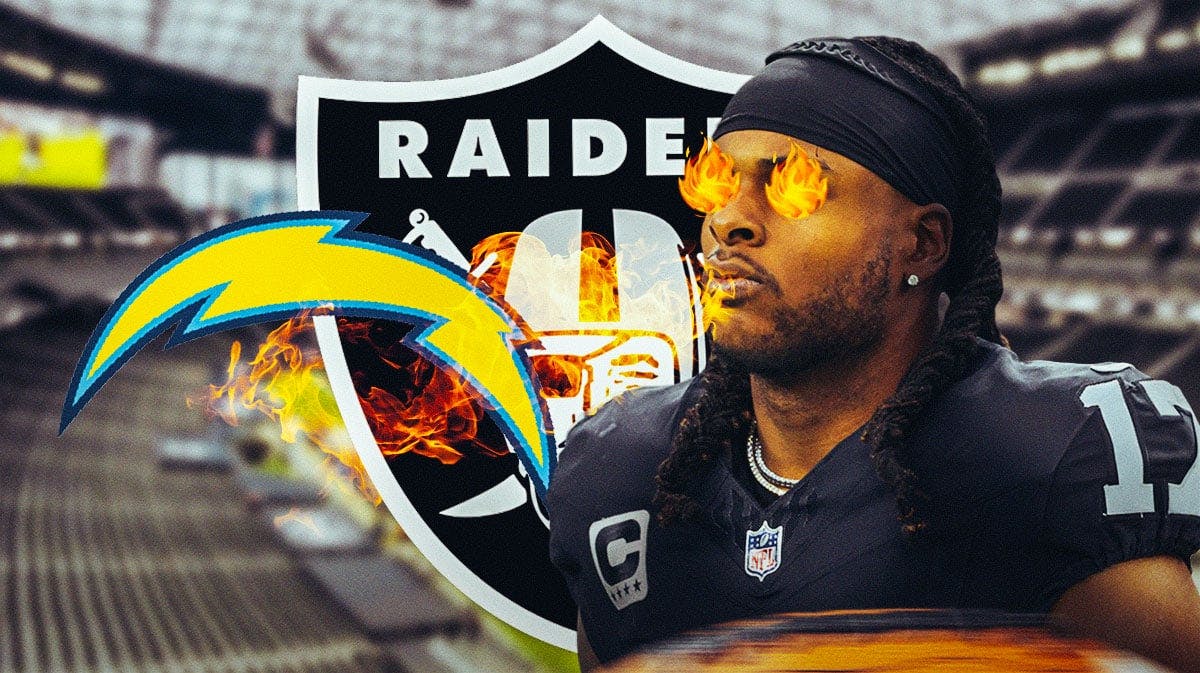 Las Vegas Raiders wide receiver Davante Adams with fire emojis over his eyes. Adams is breathing fire onto a logo for the Los Angeles Chargers. There is also a logo for the Las Vegas Raiders in the background.